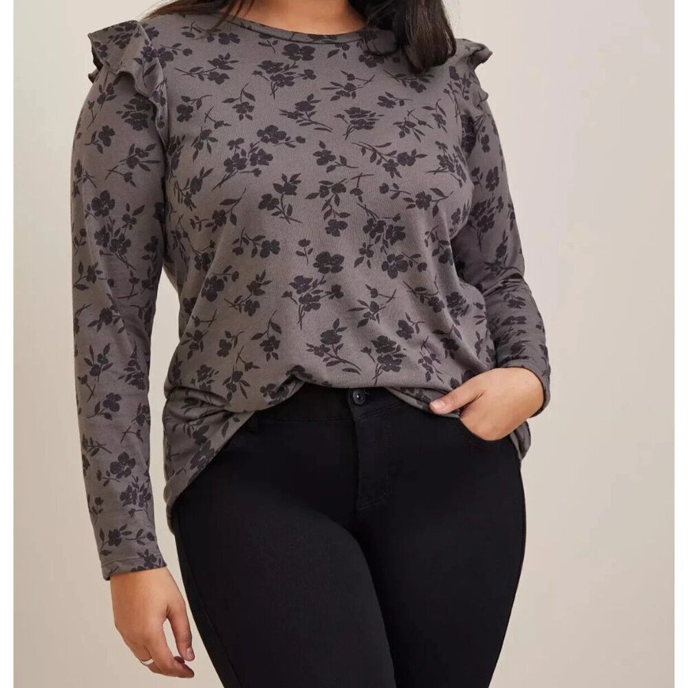 Torrid Classic Fit Jersey Crew Neck Ruffle Shoulder Tee Gray 0 (L/XL) Stretch